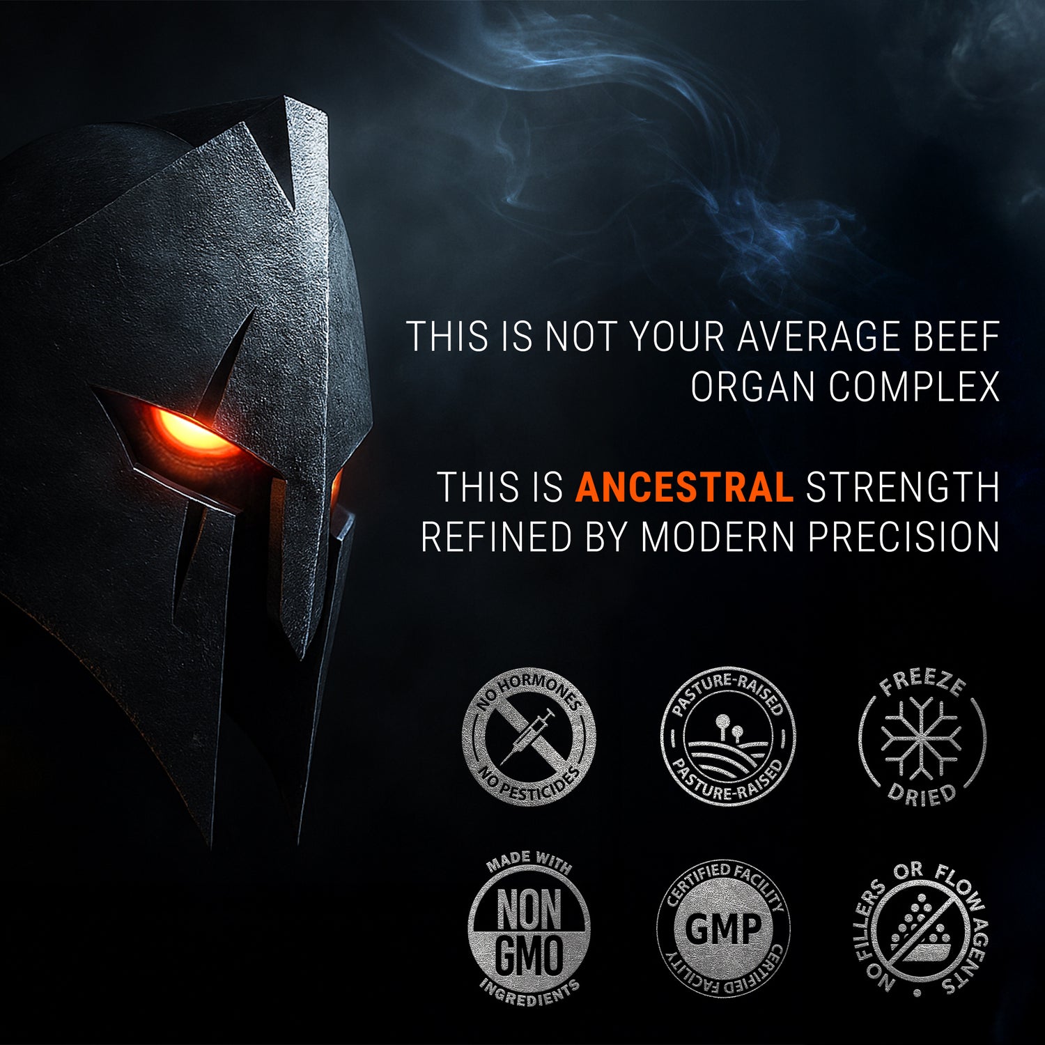 Ironclad Beef Organ Supplement ancestral strength concept with Spartan helmet