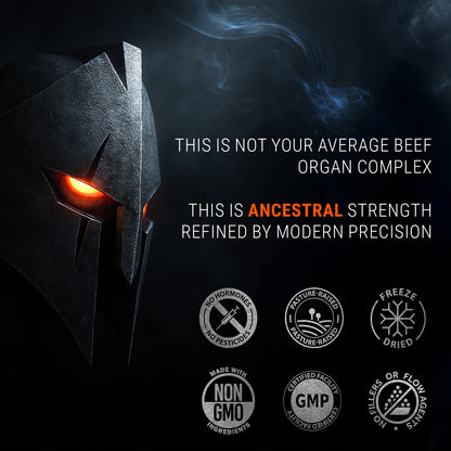 Ironclad Beef Organ Supplement ancestral strength concept with Spartan helmet