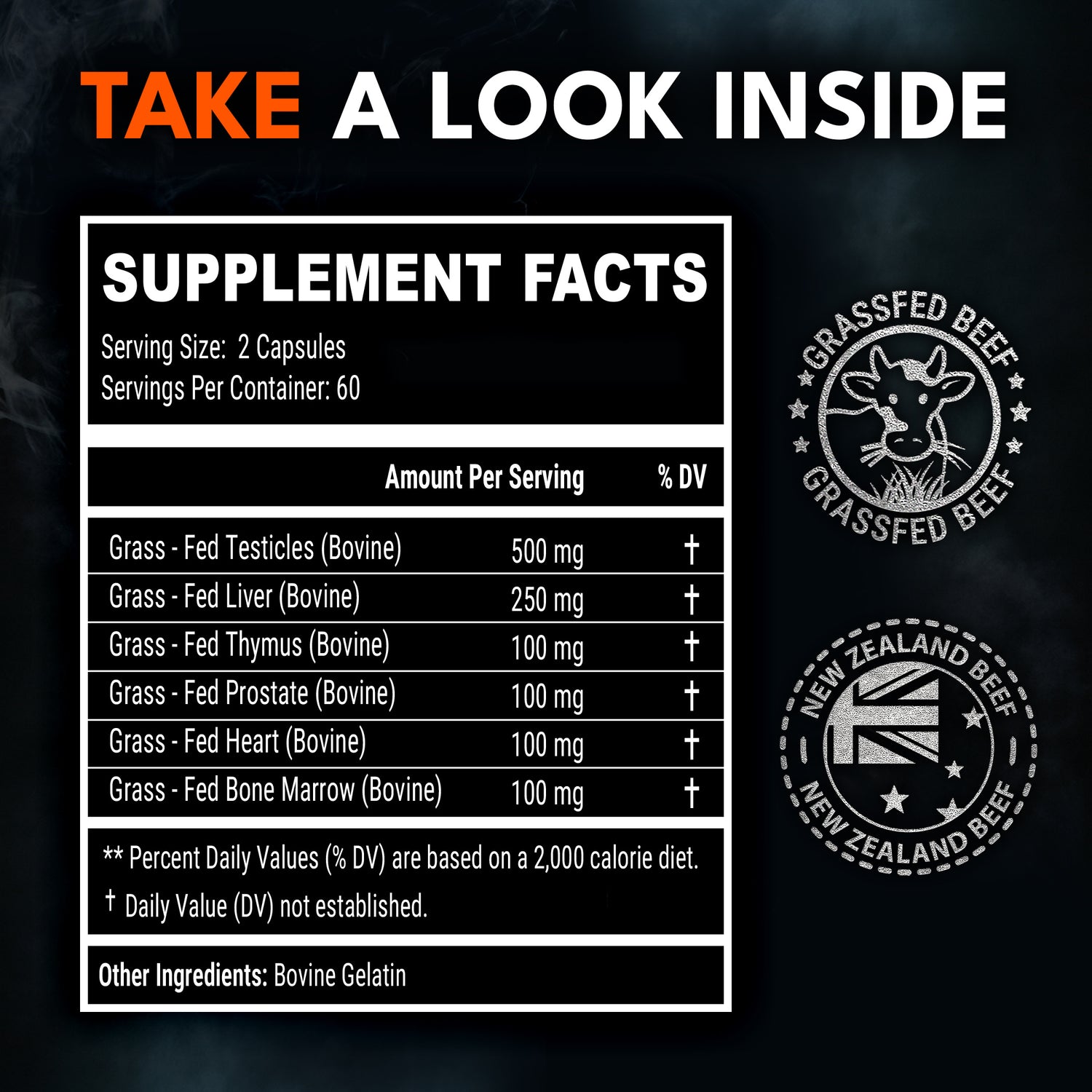 Ironclad Beef Organ Supplement facts panel and ingredient breakdown
