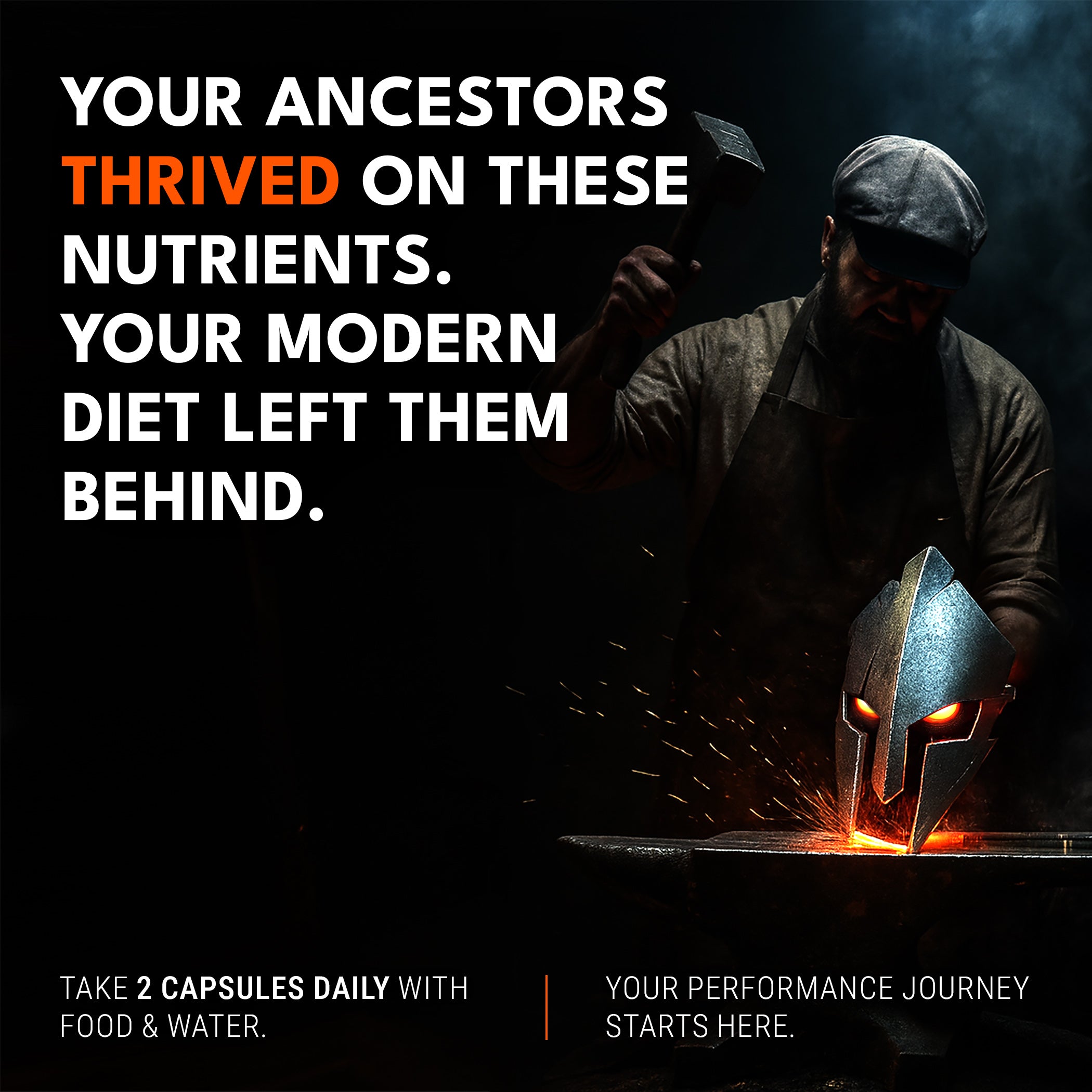 Ancestral nutrition concept for Ironclad Beef Organ Supplement with blacksmith scene